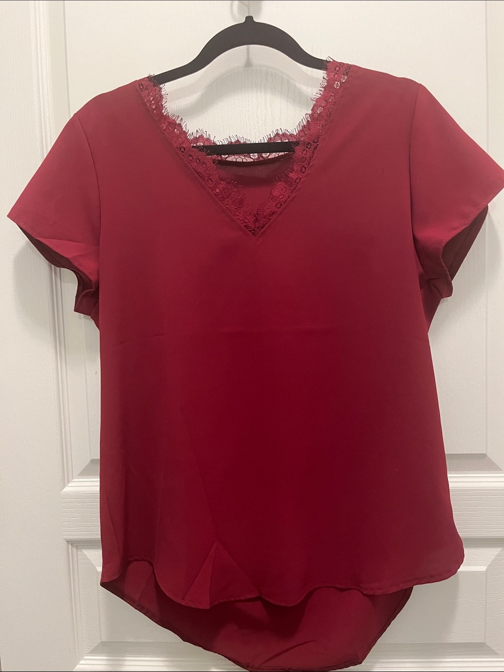Women's Lace-Trim V-Neck Blouse in Wine Red